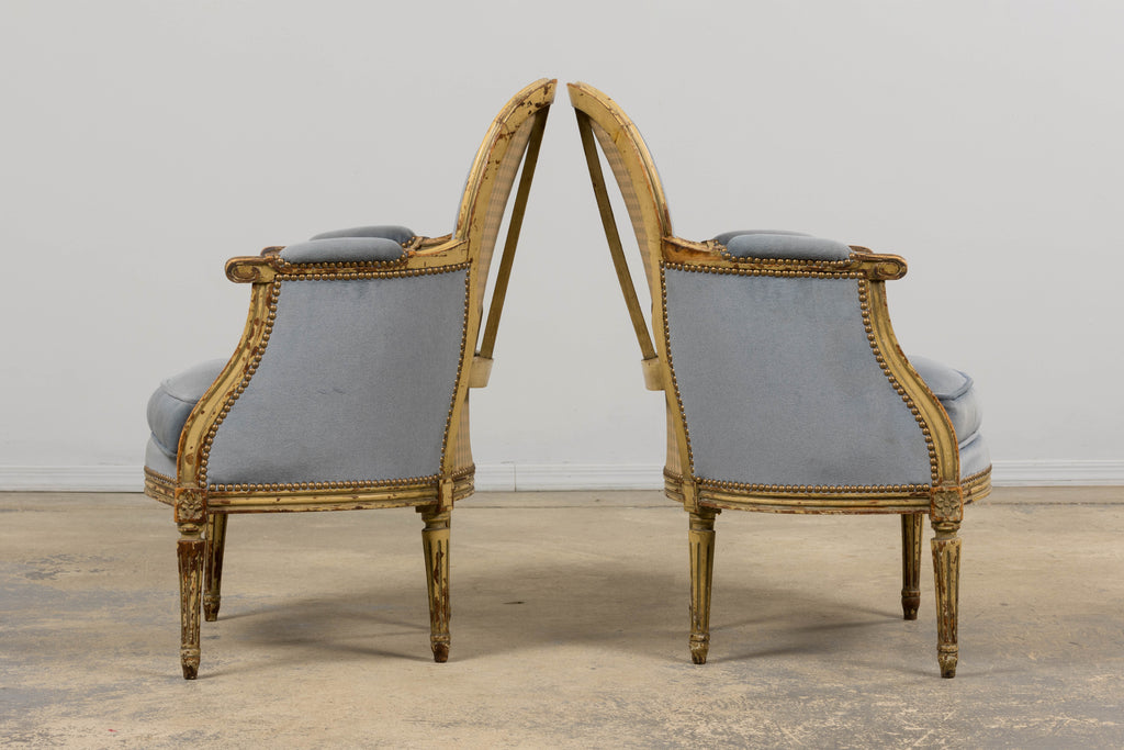 Antique French Louis XVI Style Armchairs in Blue Velvet - A Pair