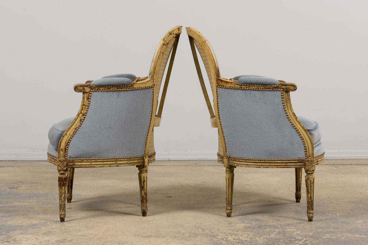 Antique French Louis XVI Style Armchairs in Blue Velvet - A Pair