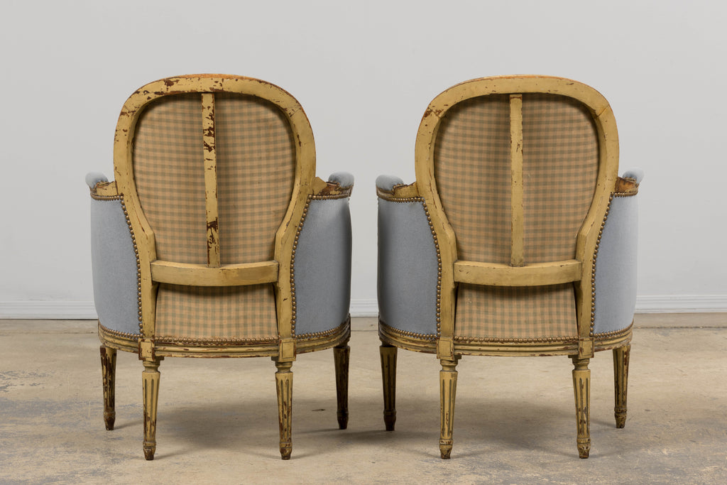 Antique French Louis XVI Style Armchairs in Blue Velvet - A Pair