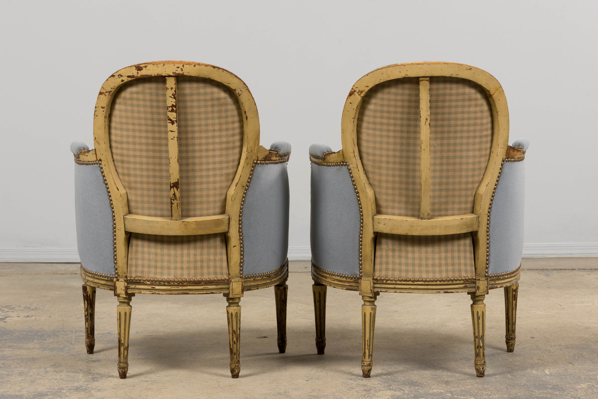 Antique French Louis XVI Style Armchairs in Blue Velvet - A Pair
