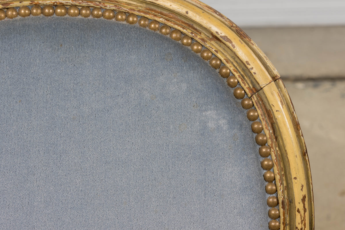 Antique French Louis XVI Style Armchairs in Blue Velvet - A Pair