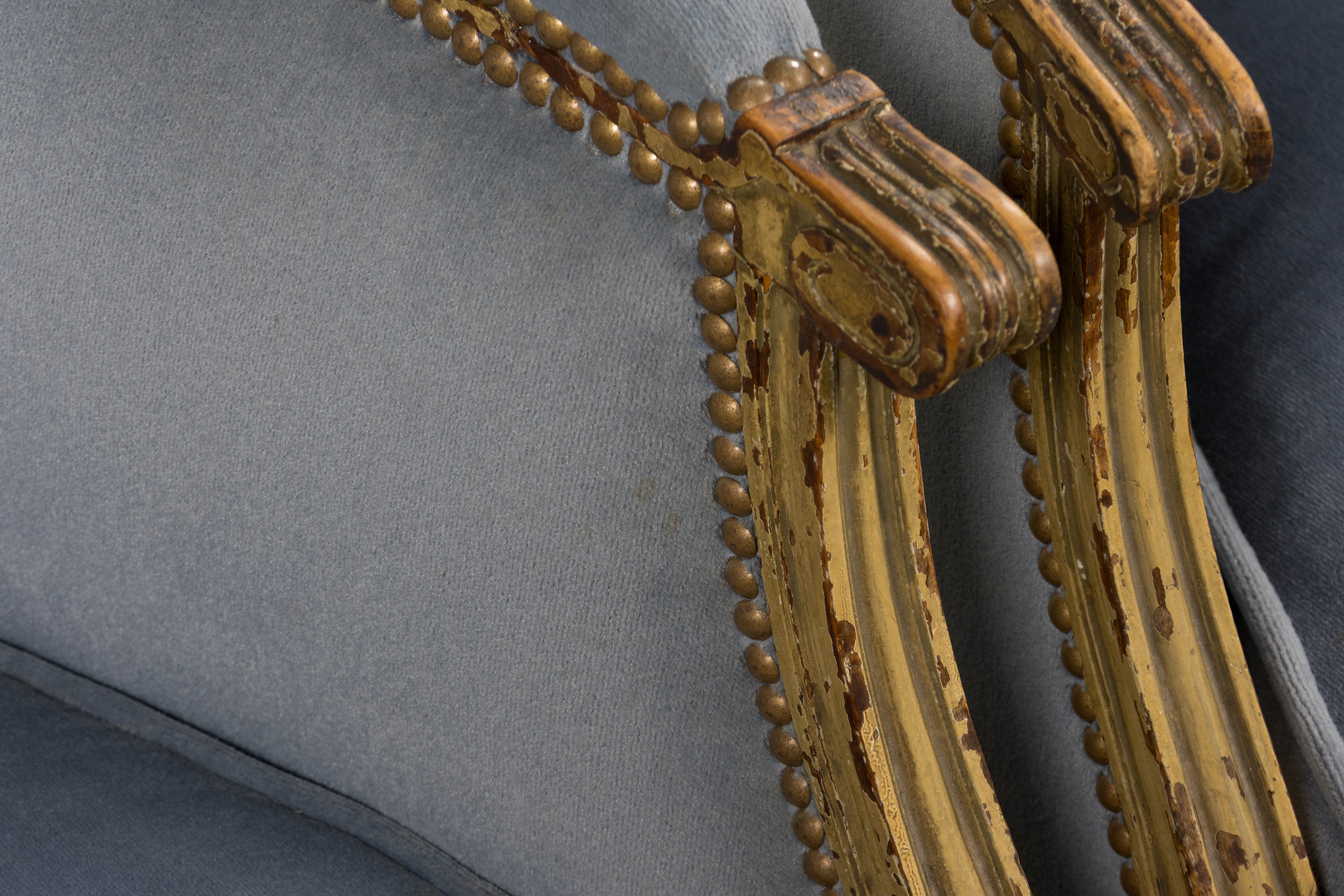 Antique French Louis XVI Style Armchairs in Blue Velvet - A Pair