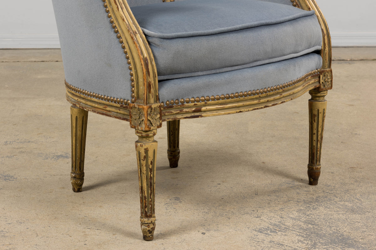 Antique French Louis XVI Style Armchairs in Blue Velvet - A Pair