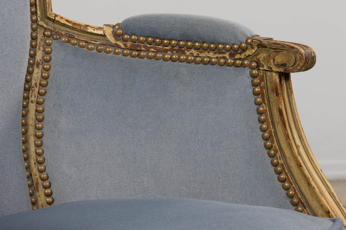 Antique French Louis XVI Style Armchairs in Blue Velvet - A Pair