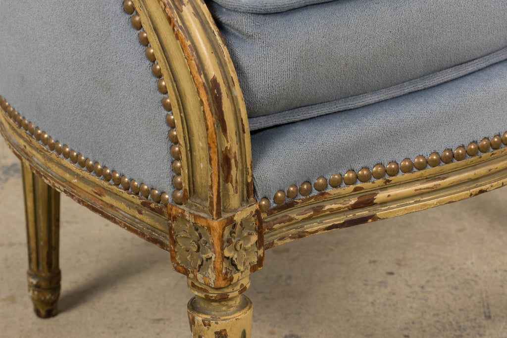 Antique French Louis XVI Style Armchairs in Blue Velvet - A Pair