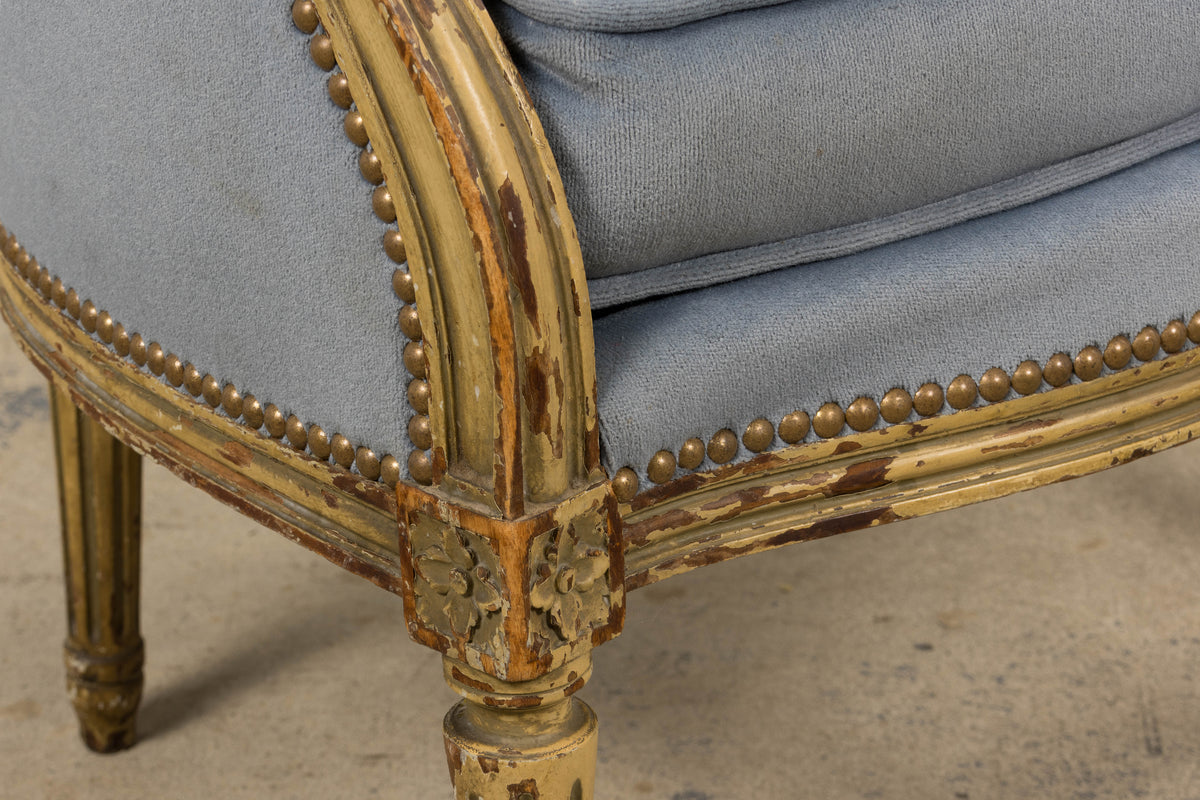 Antique French Louis XVI Style Armchairs in Blue Velvet - A Pair