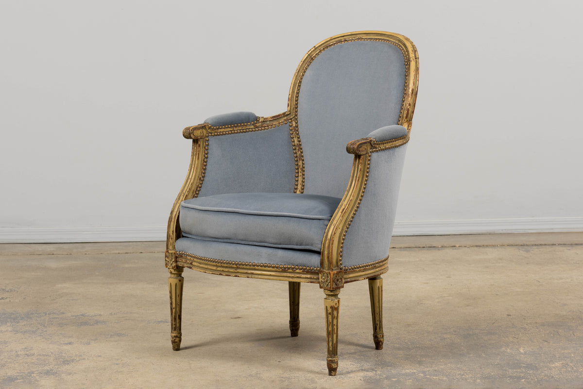 Antique French Louis XVI Style Armchairs in Blue Velvet - A Pair