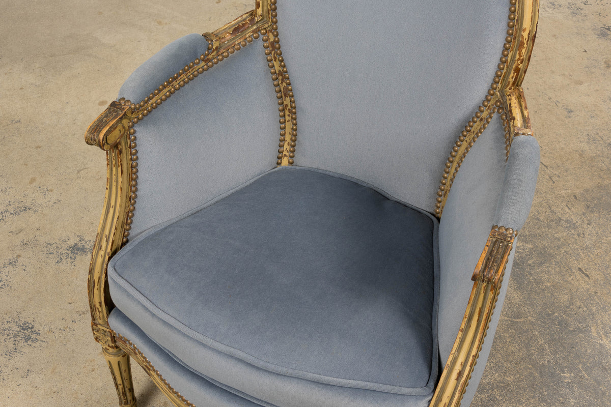 Antique French Louis XVI Style Armchairs in Blue Velvet - A Pair