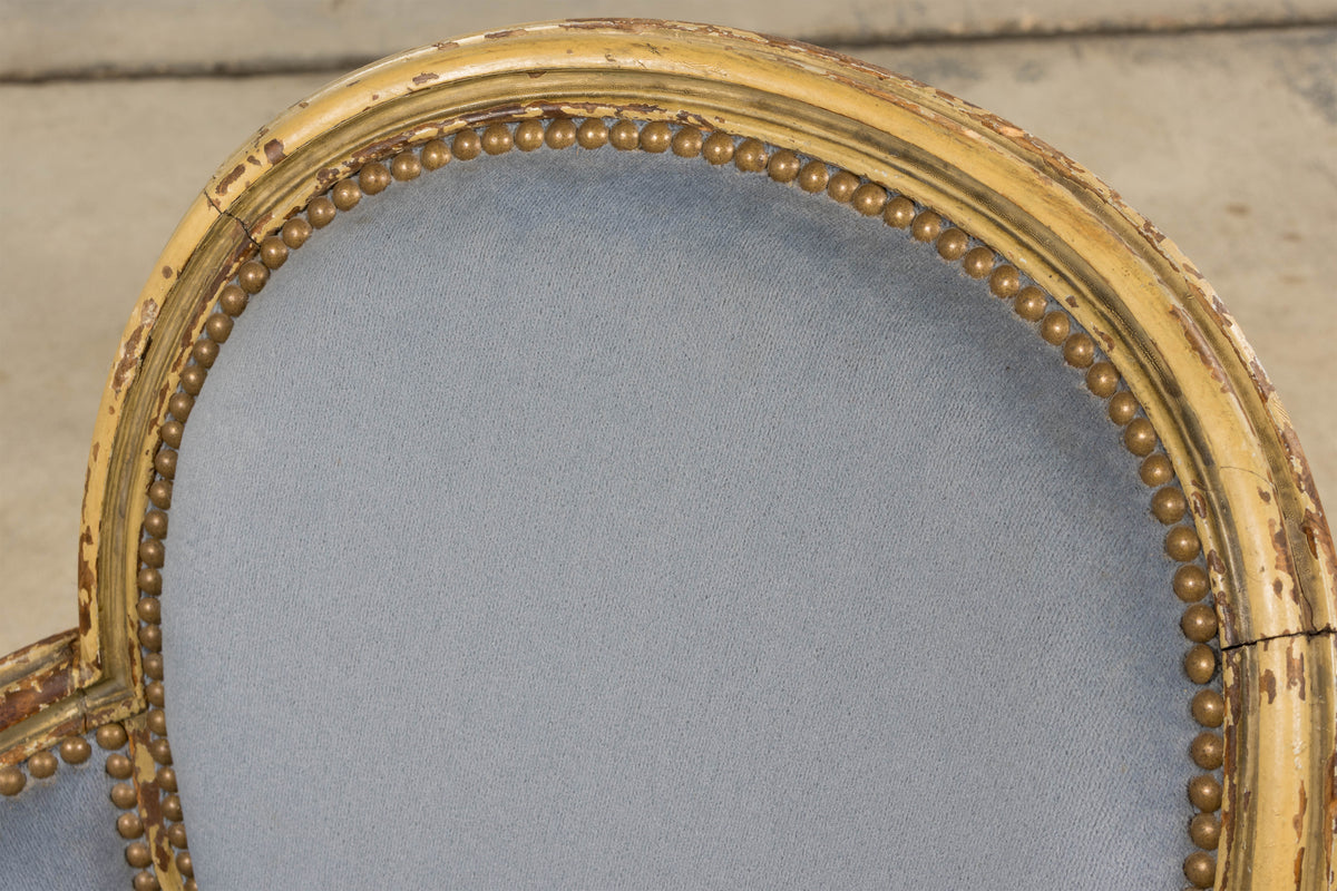 Antique French Louis XVI Style Armchairs in Blue Velvet - A Pair