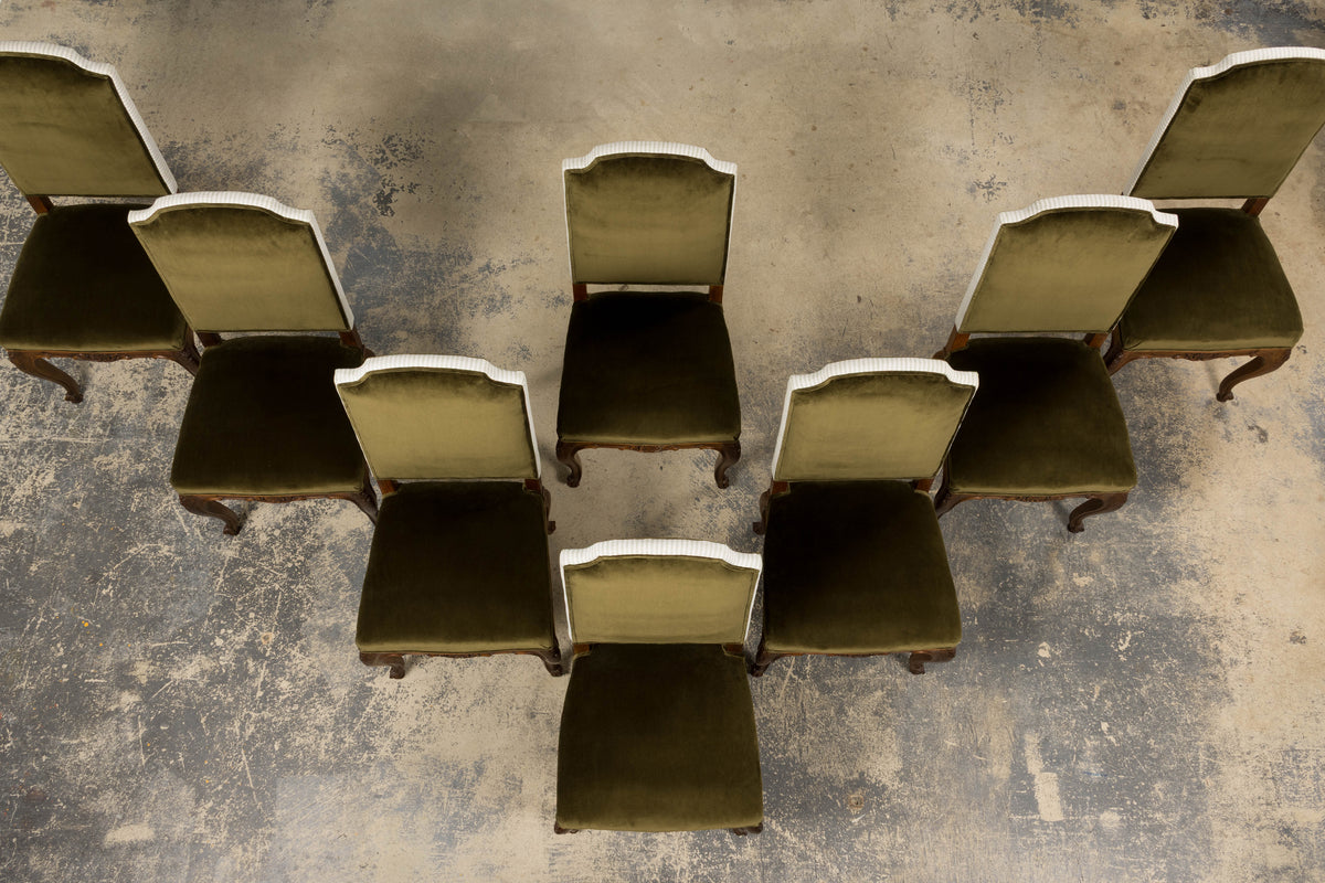 French Louis XV Style Walnut Dining Chairs in Olive Green Velvet - Set of 8