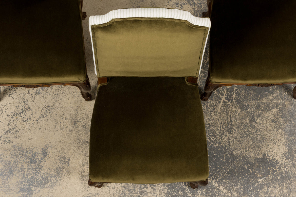 French Louis XV Style Walnut Dining Chairs in Olive Green Velvet - Set of 8