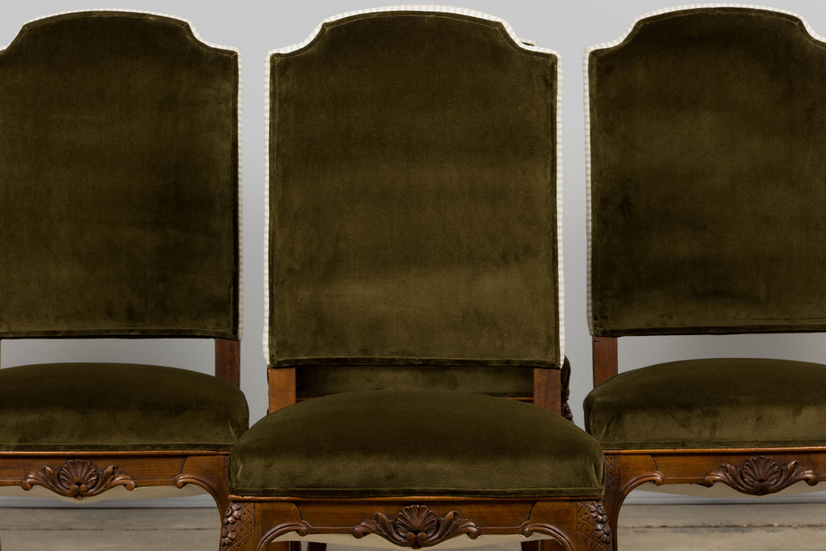 French Louis XV Style Walnut Dining Chairs in Olive Green Velvet - Set of 8