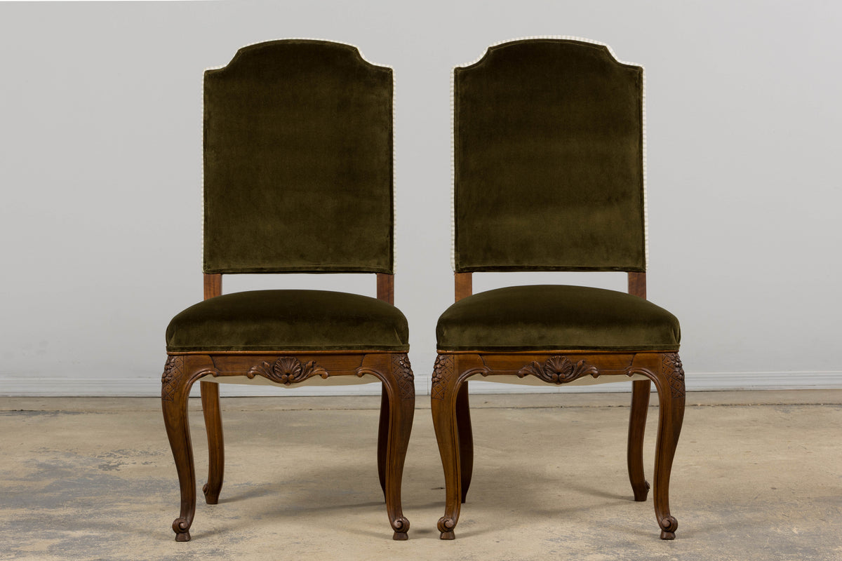 French Louis XV Style Walnut Dining Chairs in Olive Green Velvet - Set of 8