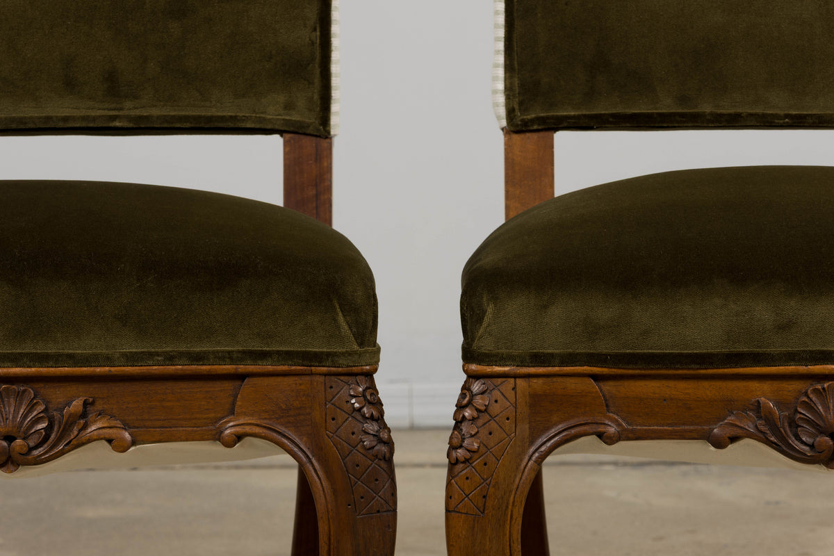 French Louis XV Style Walnut Dining Chairs in Olive Green Velvet - Set of 8