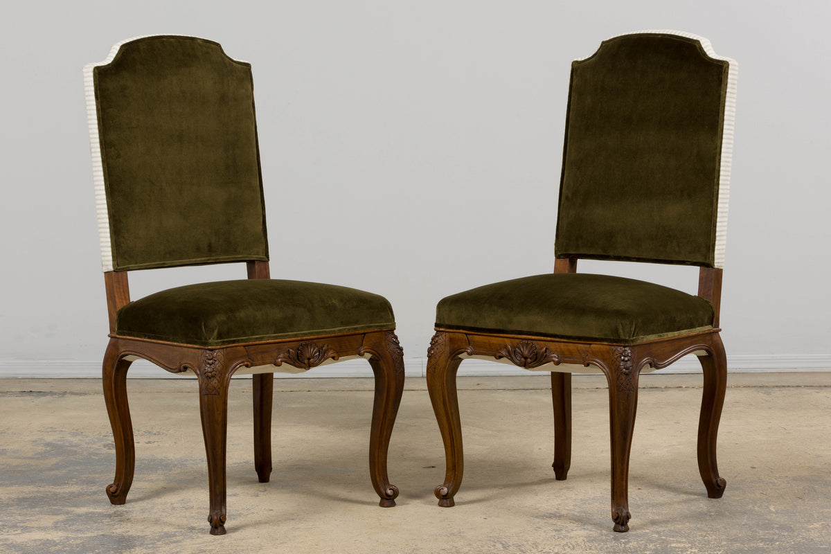 French Louis XV Style Walnut Dining Chairs in Olive Green Velvet - Set of 8