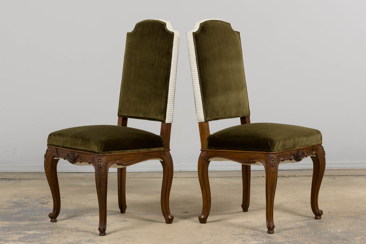 French Louis XV Style Walnut Dining Chairs in Olive Green Velvet - Set of 8