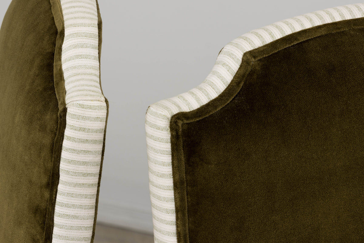 French Louis XV Style Walnut Dining Chairs in Olive Green Velvet - Set of 8