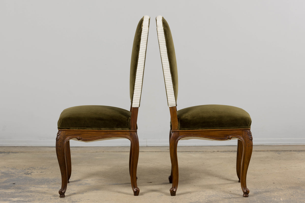 French Louis XV Style Walnut Dining Chairs in Olive Green Velvet - Set of 8