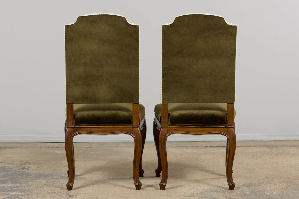 French Louis XV Style Walnut Dining Chairs in Olive Green Velvet - Set of 8