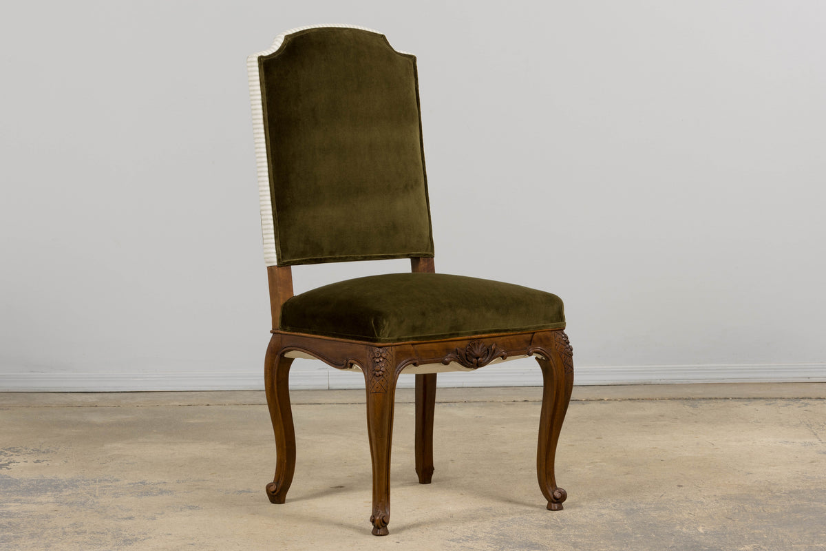 French Louis XV Style Walnut Dining Chairs in Olive Green Velvet - Set of 8