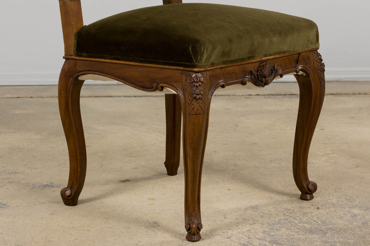 French Louis XV Style Walnut Dining Chairs in Olive Green Velvet - Set of 8