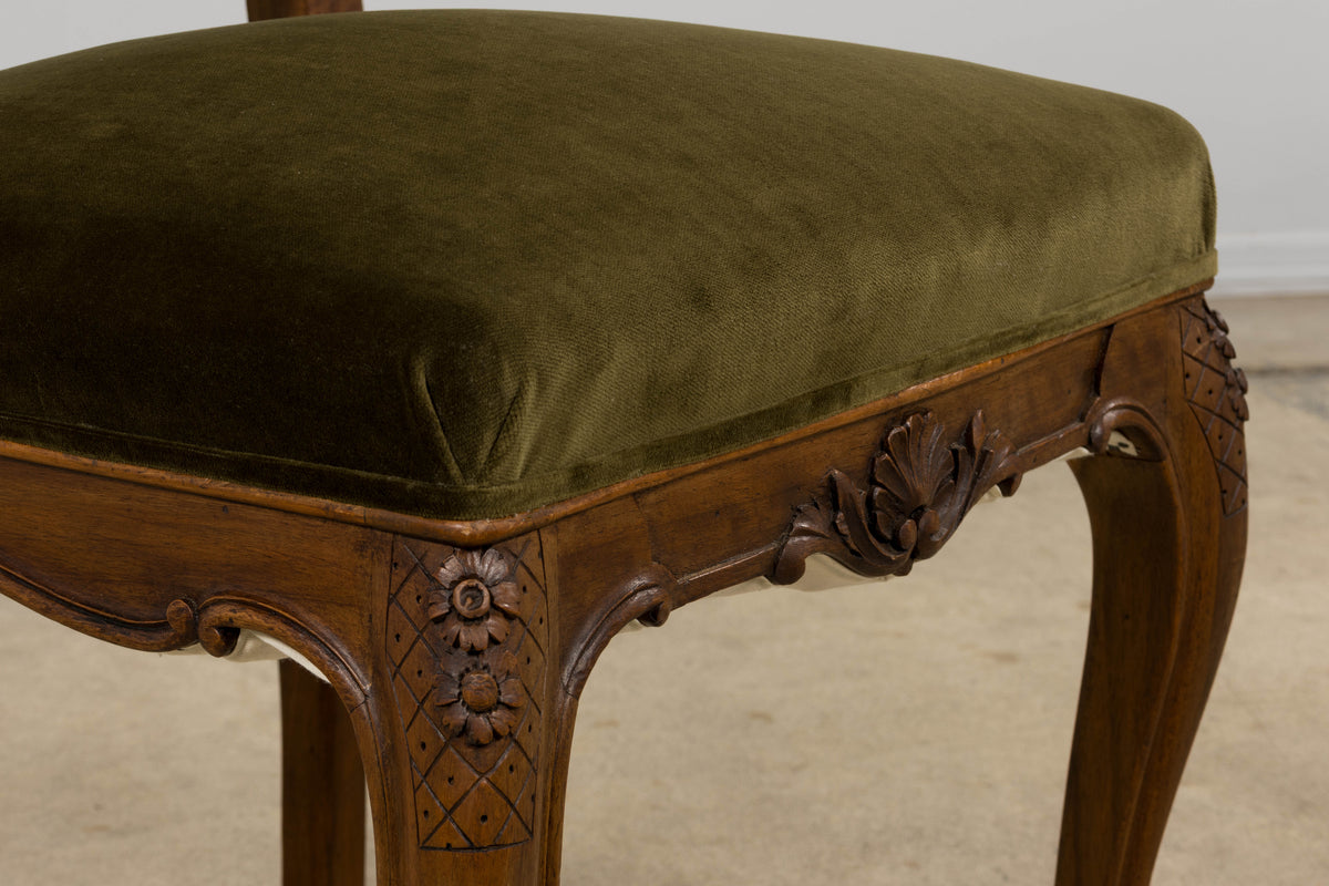 French Louis XV Style Walnut Dining Chairs in Olive Green Velvet - Set of 8