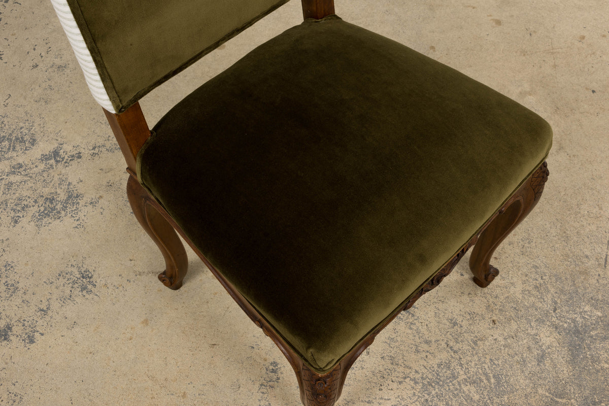 French Louis XV Style Walnut Dining Chairs in Olive Green Velvet - Set of 8