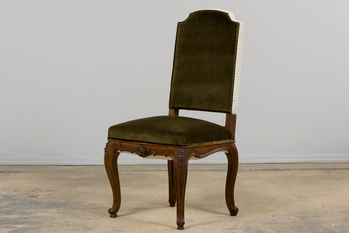 French Louis XV Style Walnut Dining Chairs in Olive Green Velvet - Set of 8