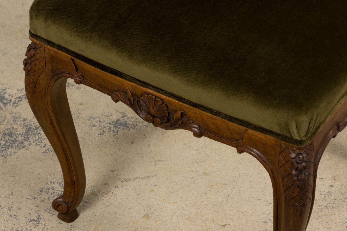 French Louis XV Style Walnut Dining Chairs in Olive Green Velvet - Set of 8