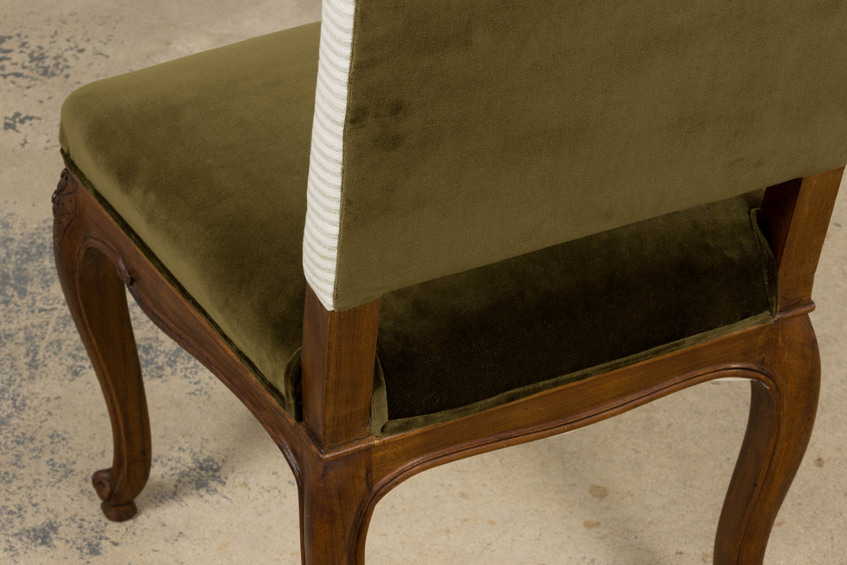 French Louis XV Style Walnut Dining Chairs in Olive Green Velvet - Set of 8
