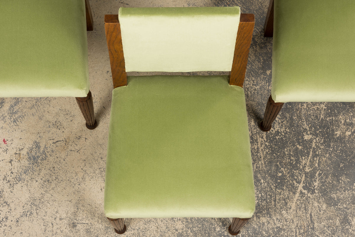 1930s French Art Deco Oak Dining Chais in Sage Green Velvet - Set of 6