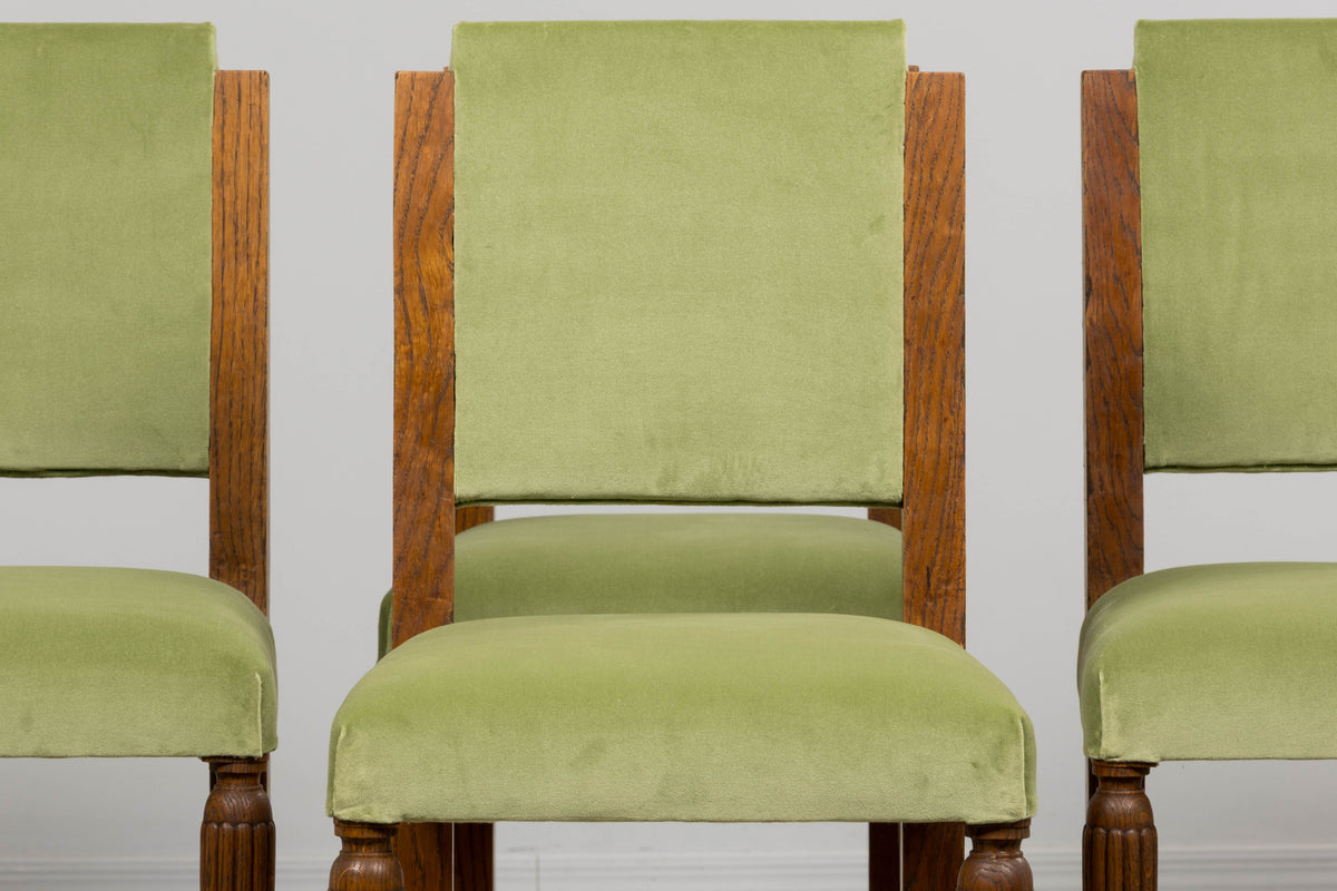 1930s French Art Deco Oak Dining Chais in Sage Green Velvet - Set of 6
