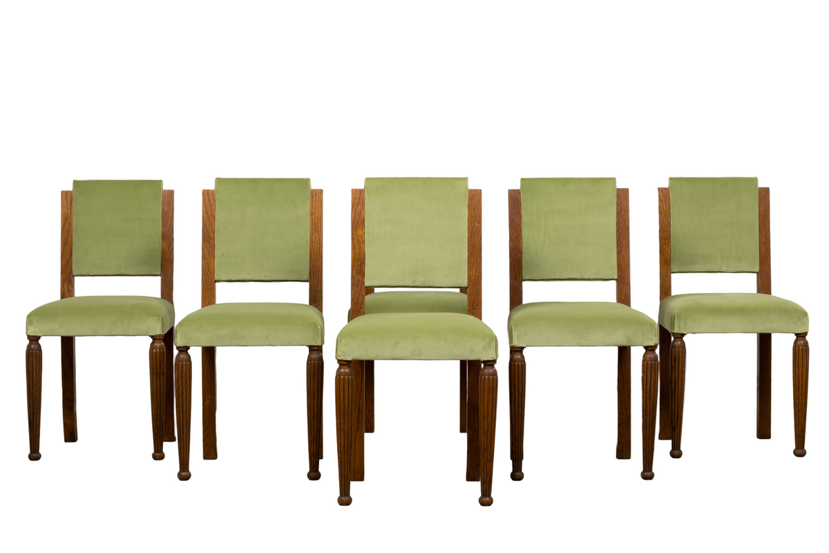 1930s French Art Deco Oak Dining Chais in Sage Green Velvet - Set of 6