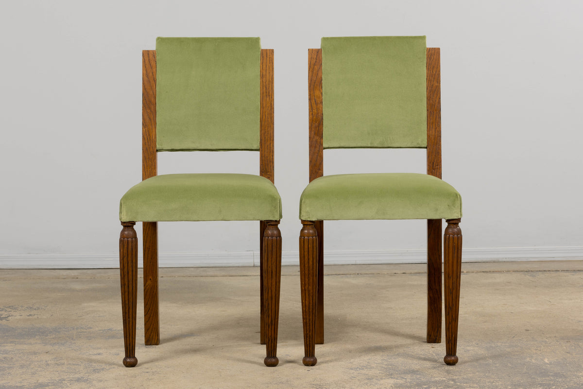 1930s French Art Deco Oak Dining Chais in Sage Green Velvet - Set of 6
