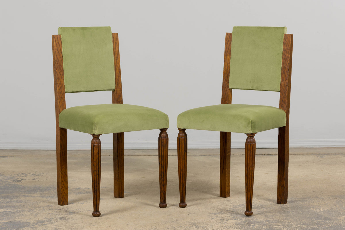 1930s French Art Deco Oak Dining Chais in Sage Green Velvet - Set of 6