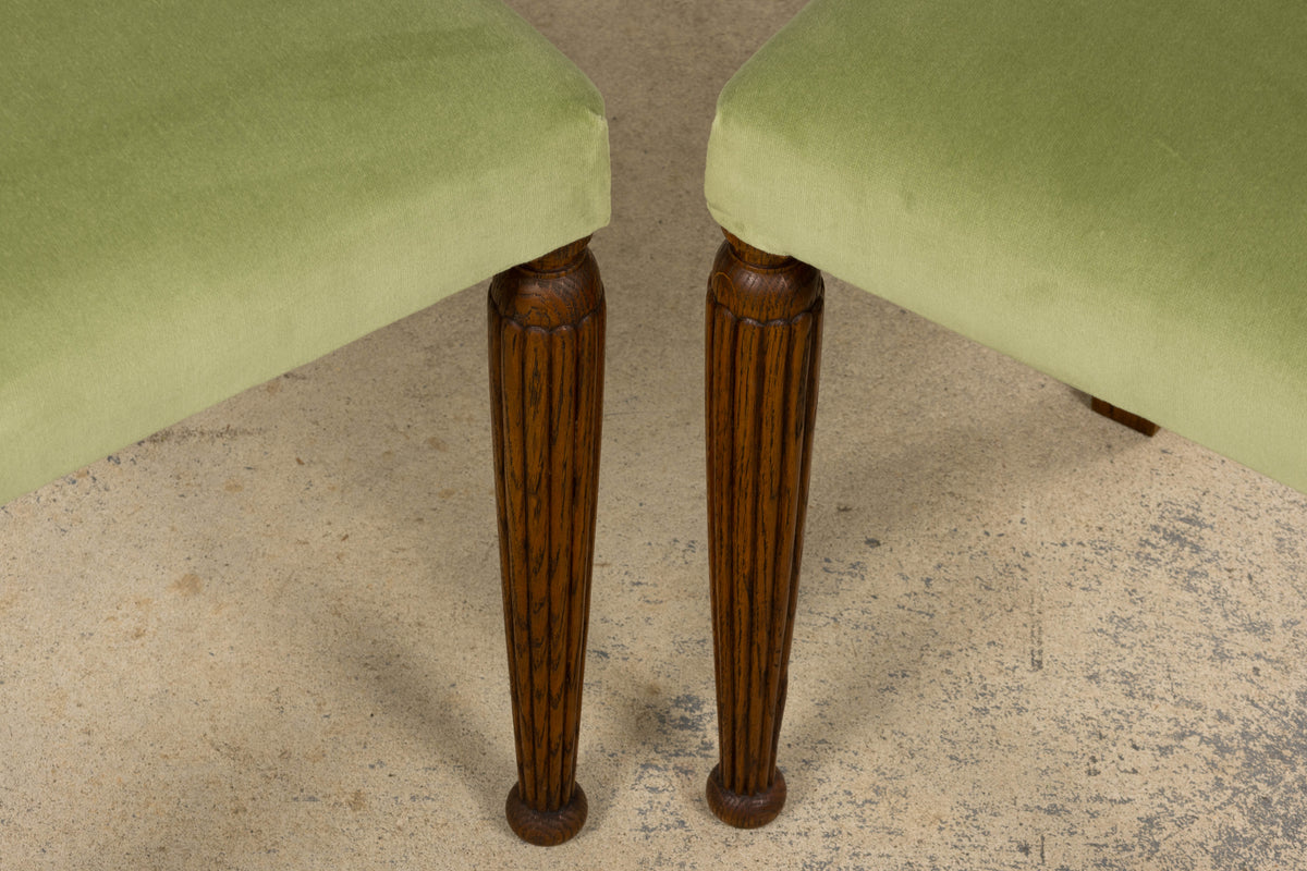 1930s French Art Deco Oak Dining Chais in Sage Green Velvet - Set of 6