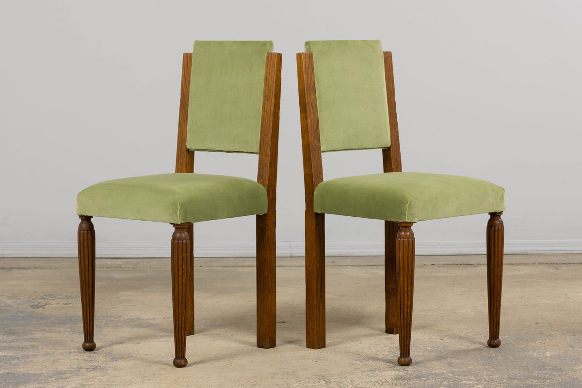 1930s French Art Deco Oak Dining Chais in Sage Green Velvet - Set of 6