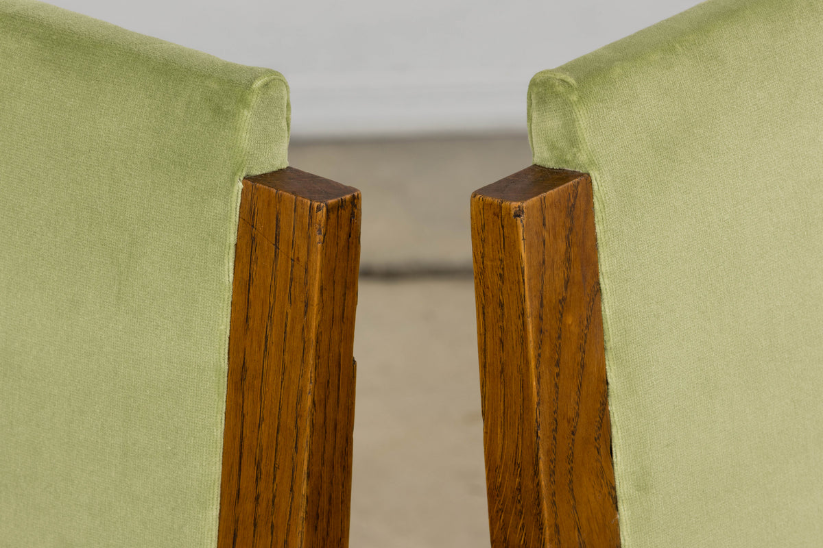 1930s French Art Deco Oak Dining Chais in Sage Green Velvet - Set of 6