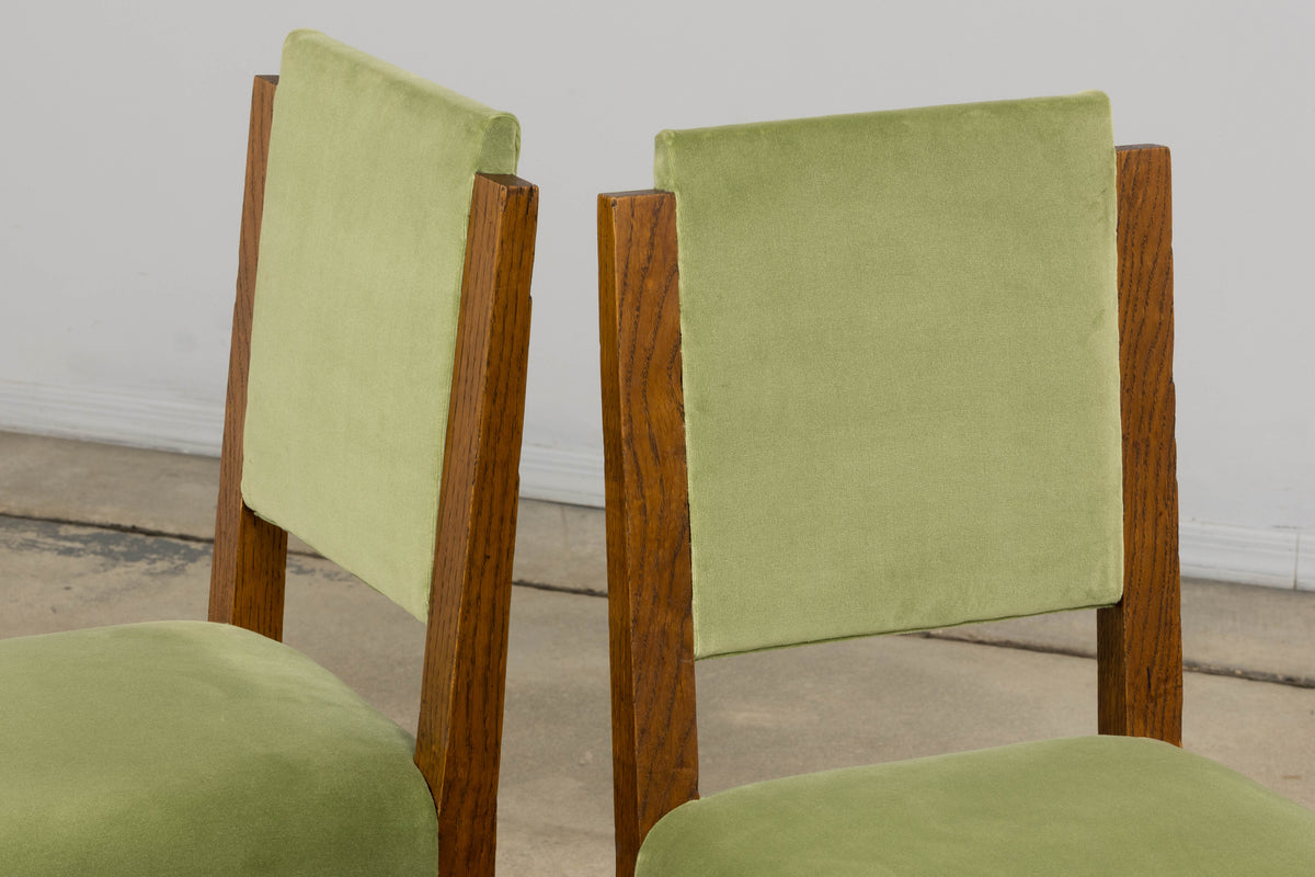 1930s French Art Deco Oak Dining Chais in Sage Green Velvet - Set of 6