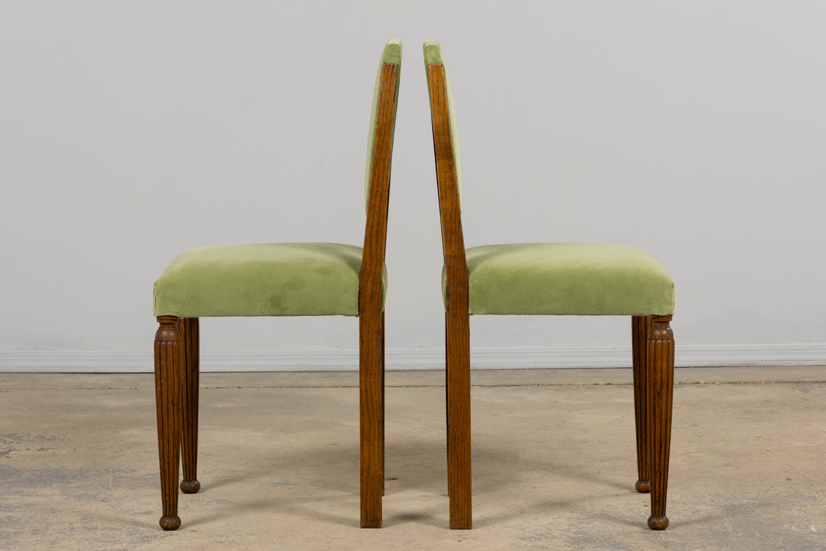 1930s French Art Deco Oak Dining Chais in Sage Green Velvet - Set of 6