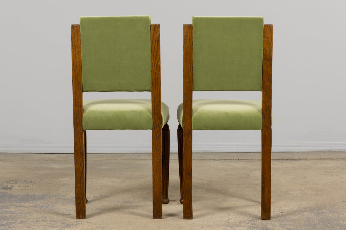 1930s French Art Deco Oak Dining Chais in Sage Green Velvet - Set of 6