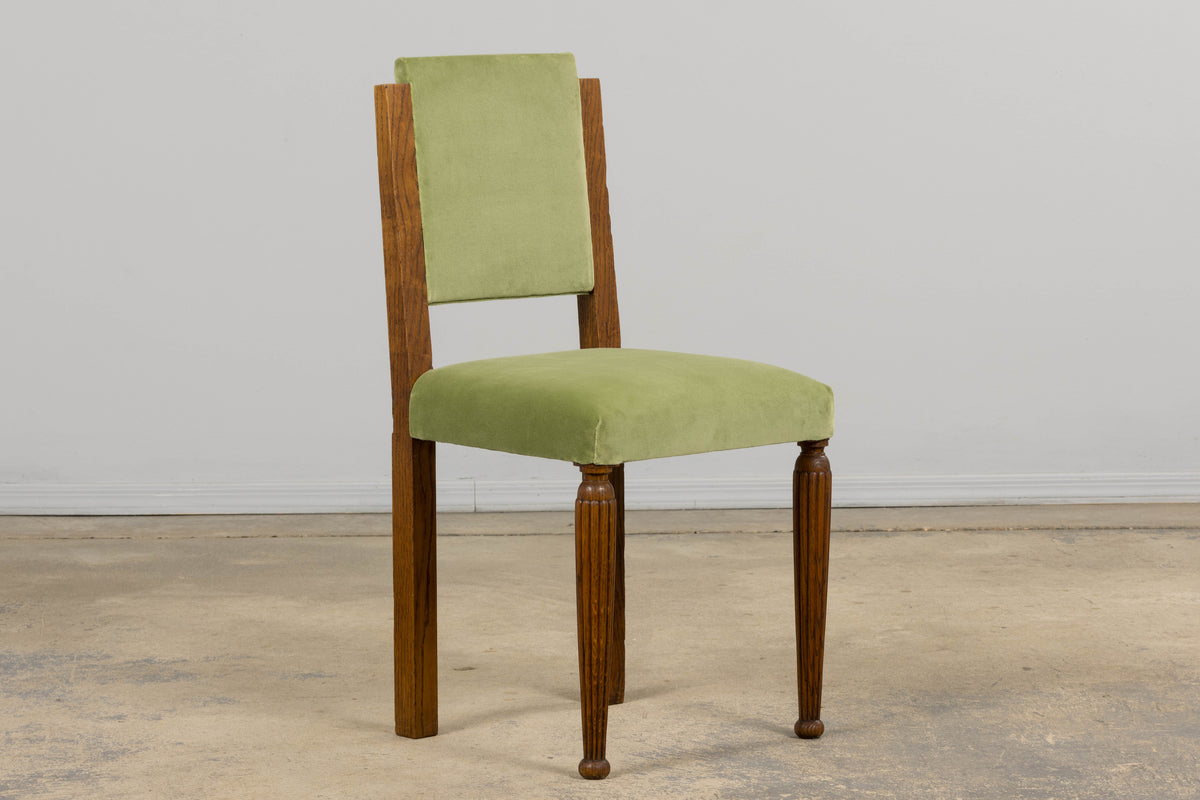 1930s French Art Deco Oak Dining Chais in Sage Green Velvet - Set of 6