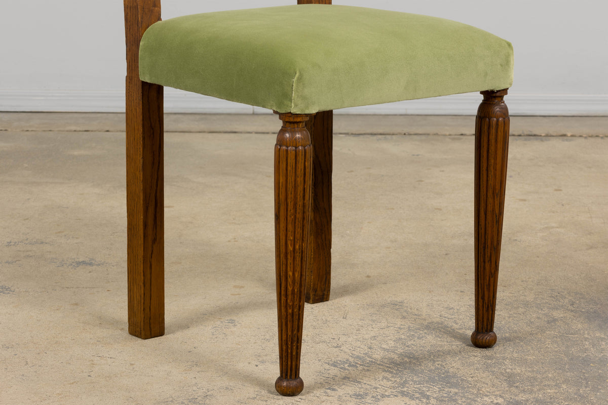 1930s French Art Deco Oak Dining Chais in Sage Green Velvet - Set of 6