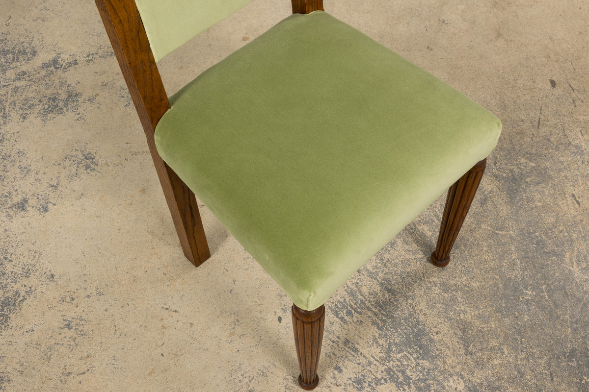 1930s French Art Deco Oak Dining Chais in Sage Green Velvet - Set of 6