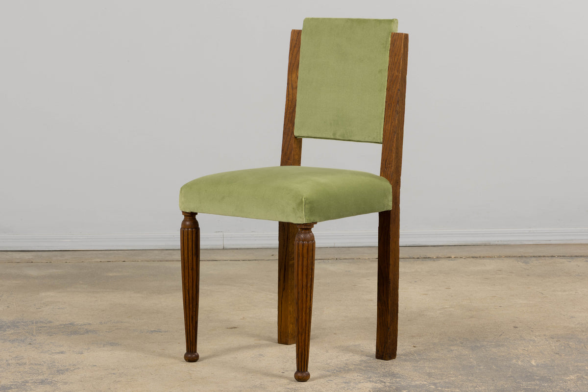 1930s French Art Deco Oak Dining Chais in Sage Green Velvet - Set of 6