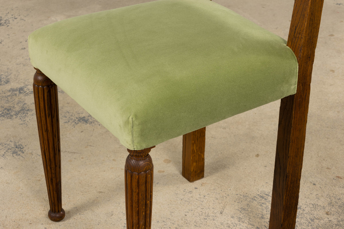 1930s French Art Deco Oak Dining Chais in Sage Green Velvet - Set of 6