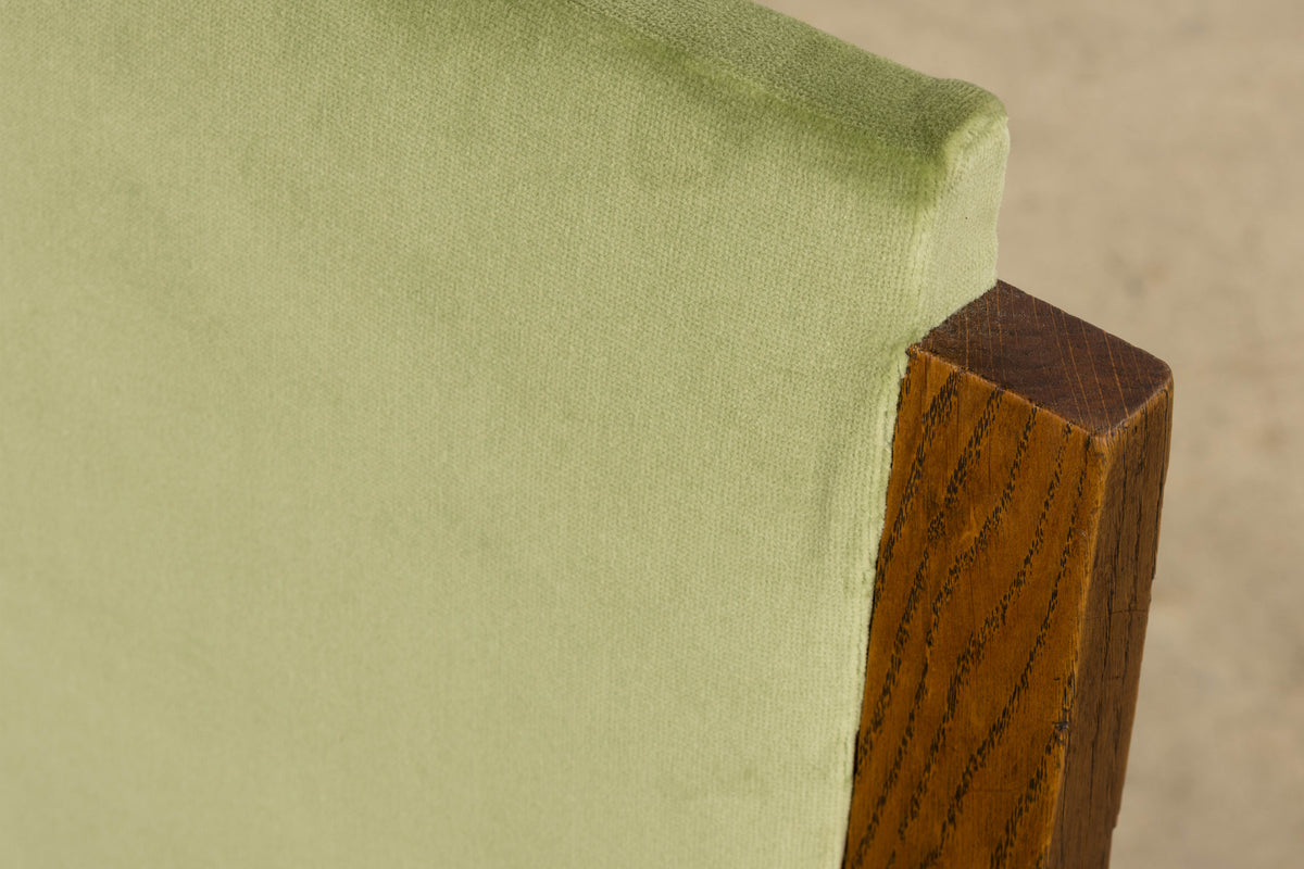 1930s French Art Deco Oak Dining Chais in Sage Green Velvet - Set of 6