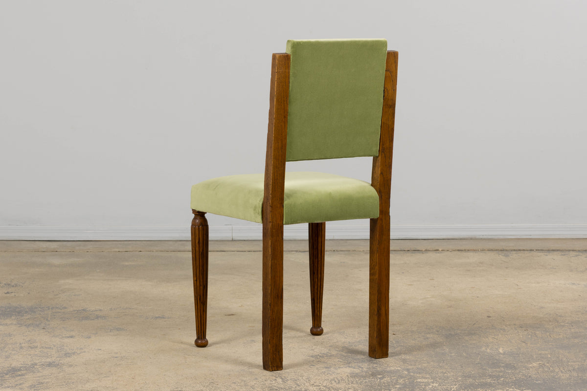 1930s French Art Deco Oak Dining Chais in Sage Green Velvet - Set of 6
