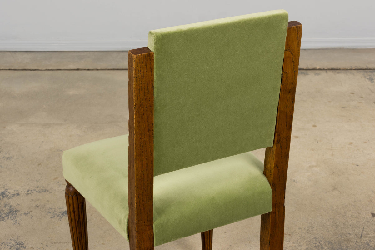 1930s French Art Deco Oak Dining Chais in Sage Green Velvet - Set of 6