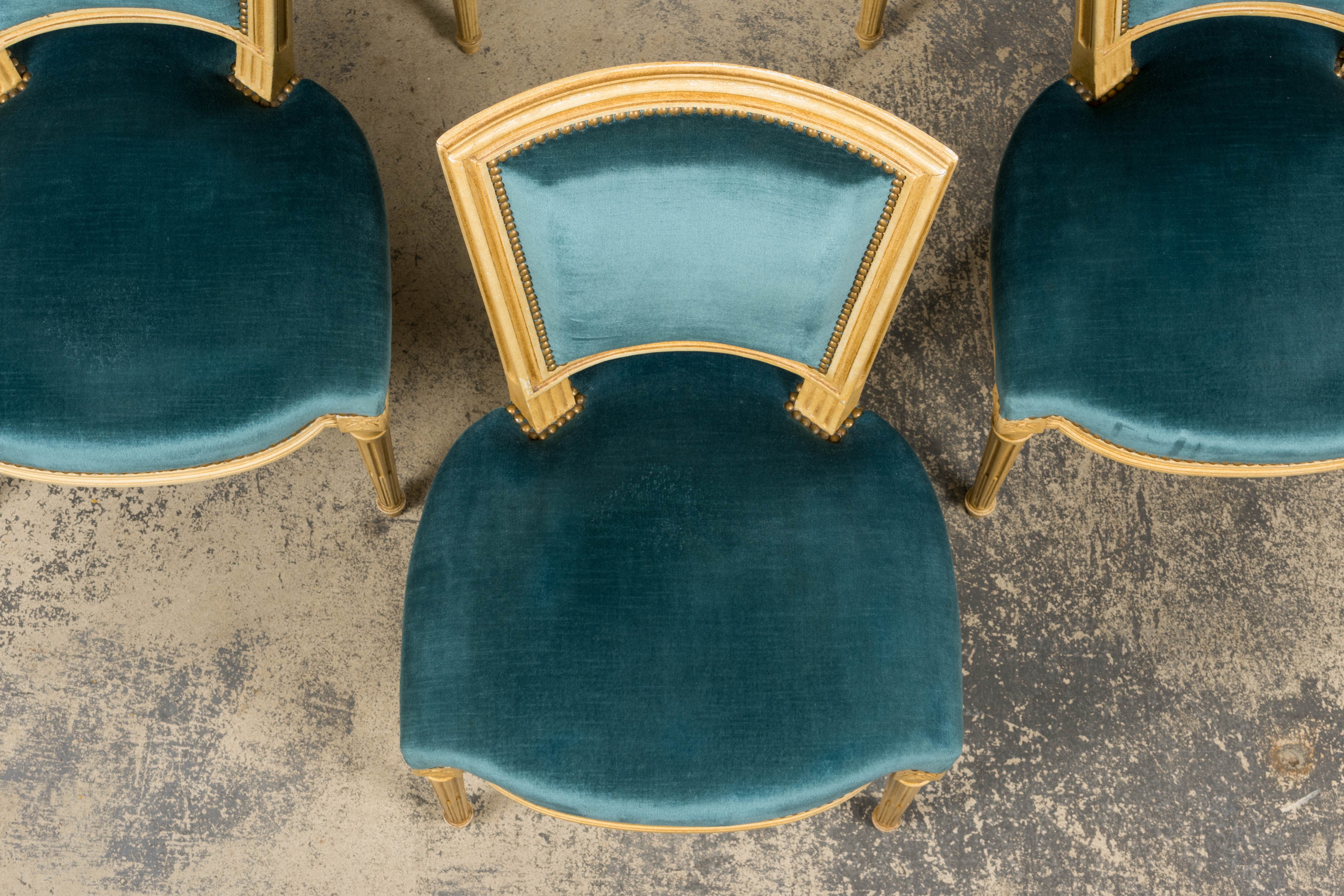 Antique French Louis XVI Style Painted Dining Chairs in Blue Velvet - Set of 6